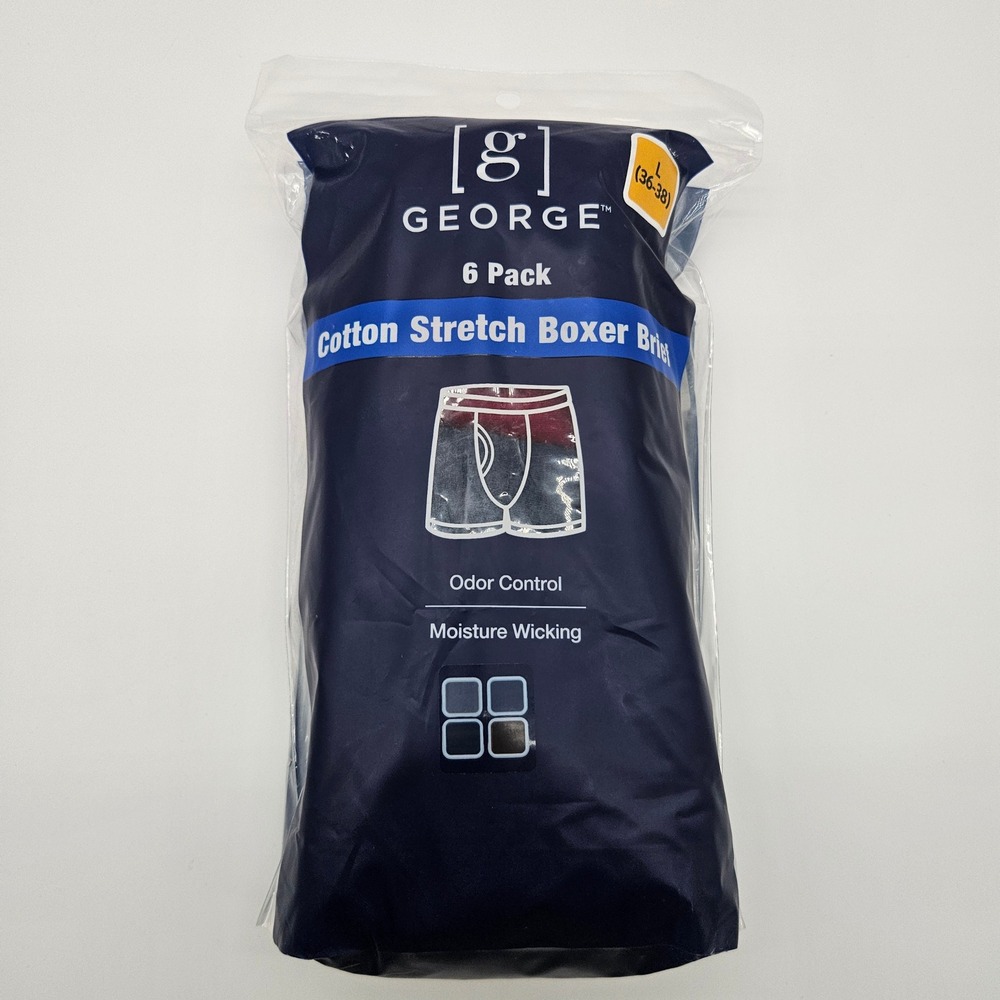 George‎ 6 Pack Mens Cotton Stretch Boxer Briefs Large 36-38 Blue Odor Control